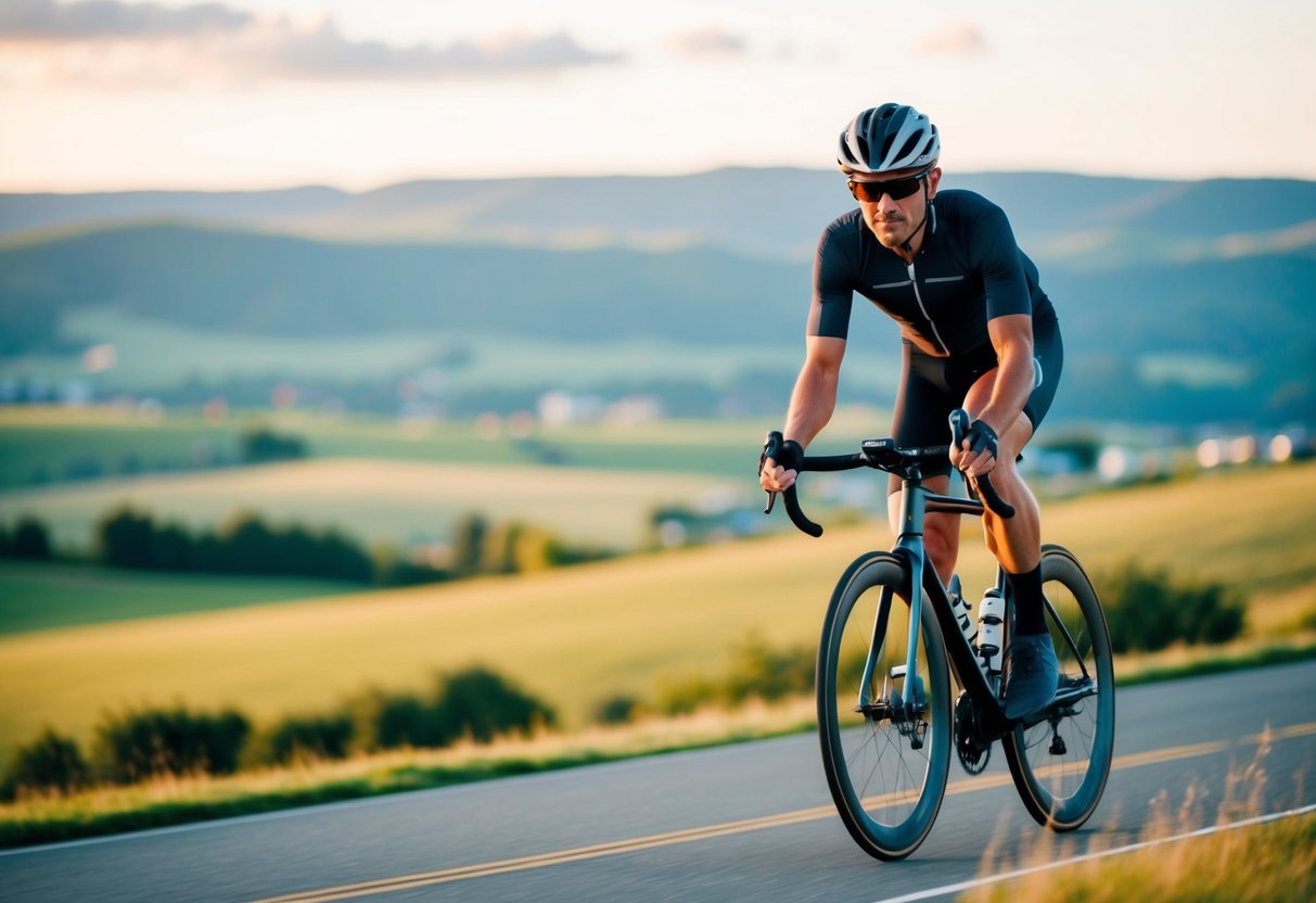 A cyclist i glat højtydende udstyr cykler selvsikkert gennem et naturskønt landskab